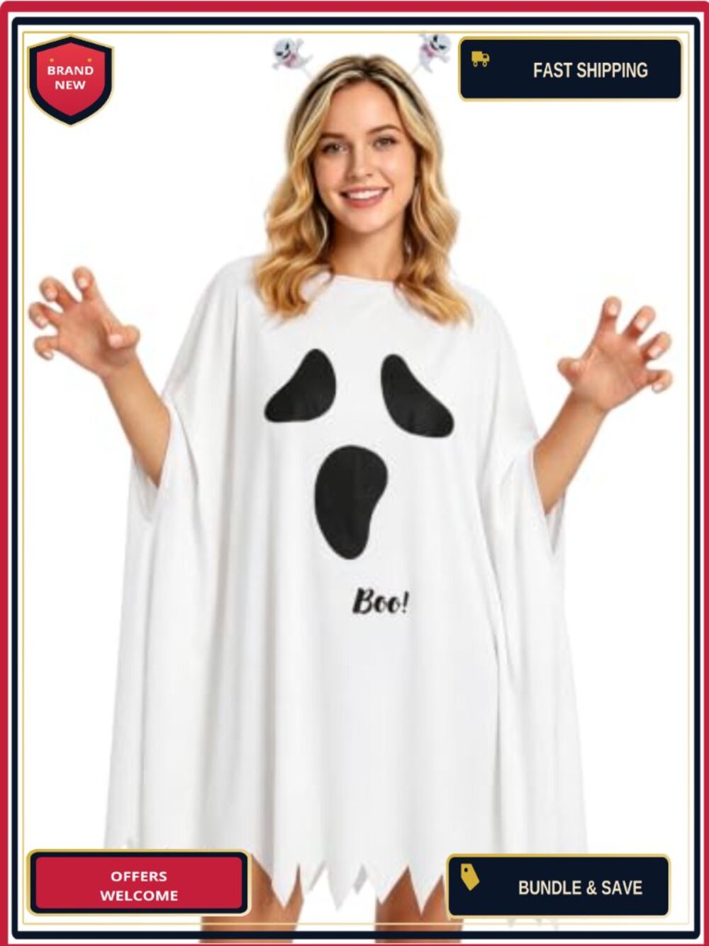 Halloween Ghost Poncho with Headband Adult Costume Women's